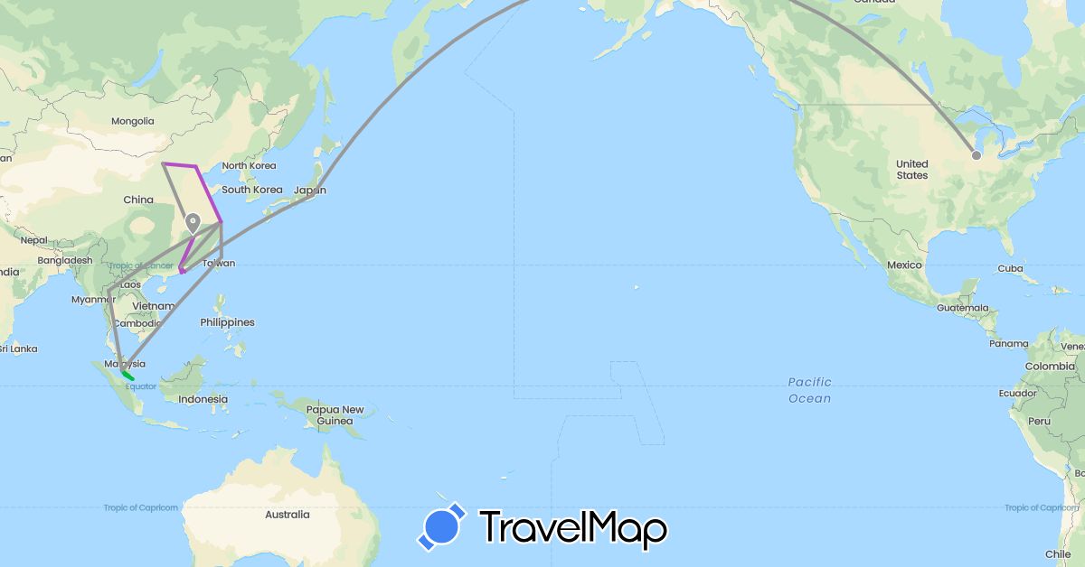 TravelMap itinerary: driving, bus, plane, train in China, Japan, Malaysia, Thailand, Taiwan, United States (Asia, North America)
